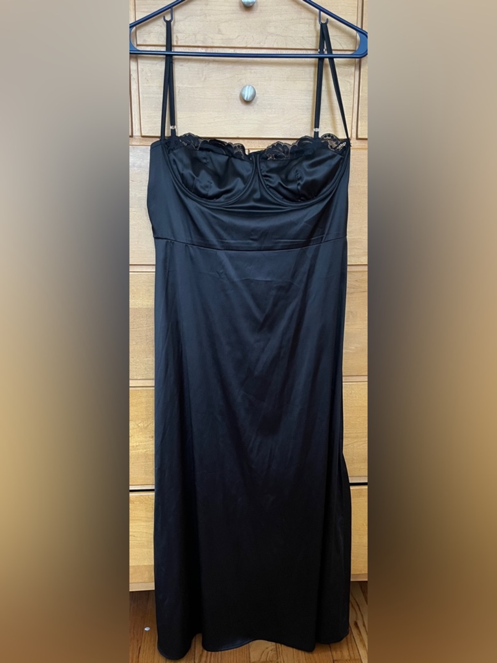 Cider Black Satin Midi Slip Dress with Lace Trim - Picture 4 of 4